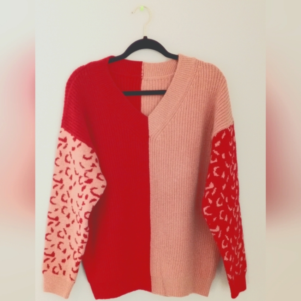 V-NECK COLOR BLOCK SWEATER SIZE L